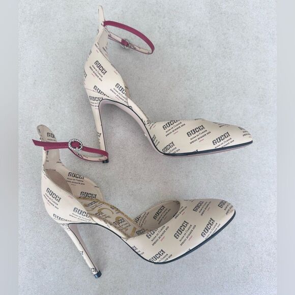 Gucci Apollo Gucci Stamp Print Beige Leather Logo Ankle Strap Pumps EU37.5 US7.5 - Picture 9 of 12